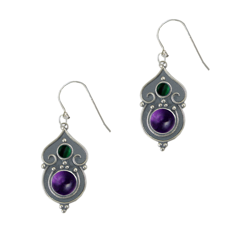 Sterling Silver Gothic Inspired Drop Dangle Earrings With Amethyst And Malachite